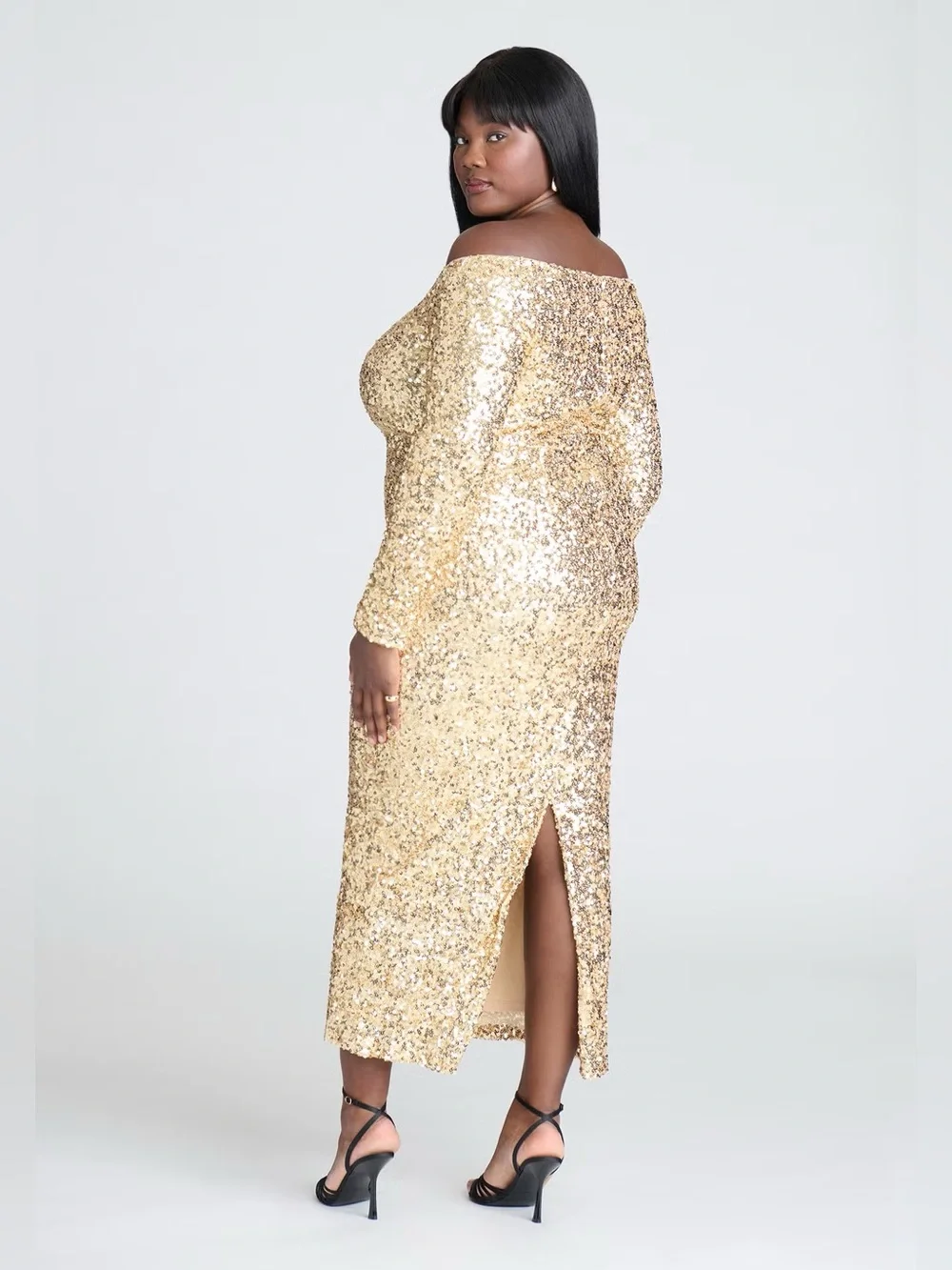 ELOQUII OFF THE SHOULDER SEQUIN COLUMN DRESS IN GOLD - Picture 6 of 12